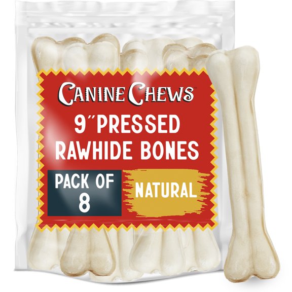 Canine Chews Pressed Rawhide Bones for Large Dogs - 9" Long Lasting Dog Chews - Compressed Beefhide Large Dog Chew Bones - Chew Toy Dog Bones - Raw Hide Bones Dog for Aggressive Chewers (8pk)
