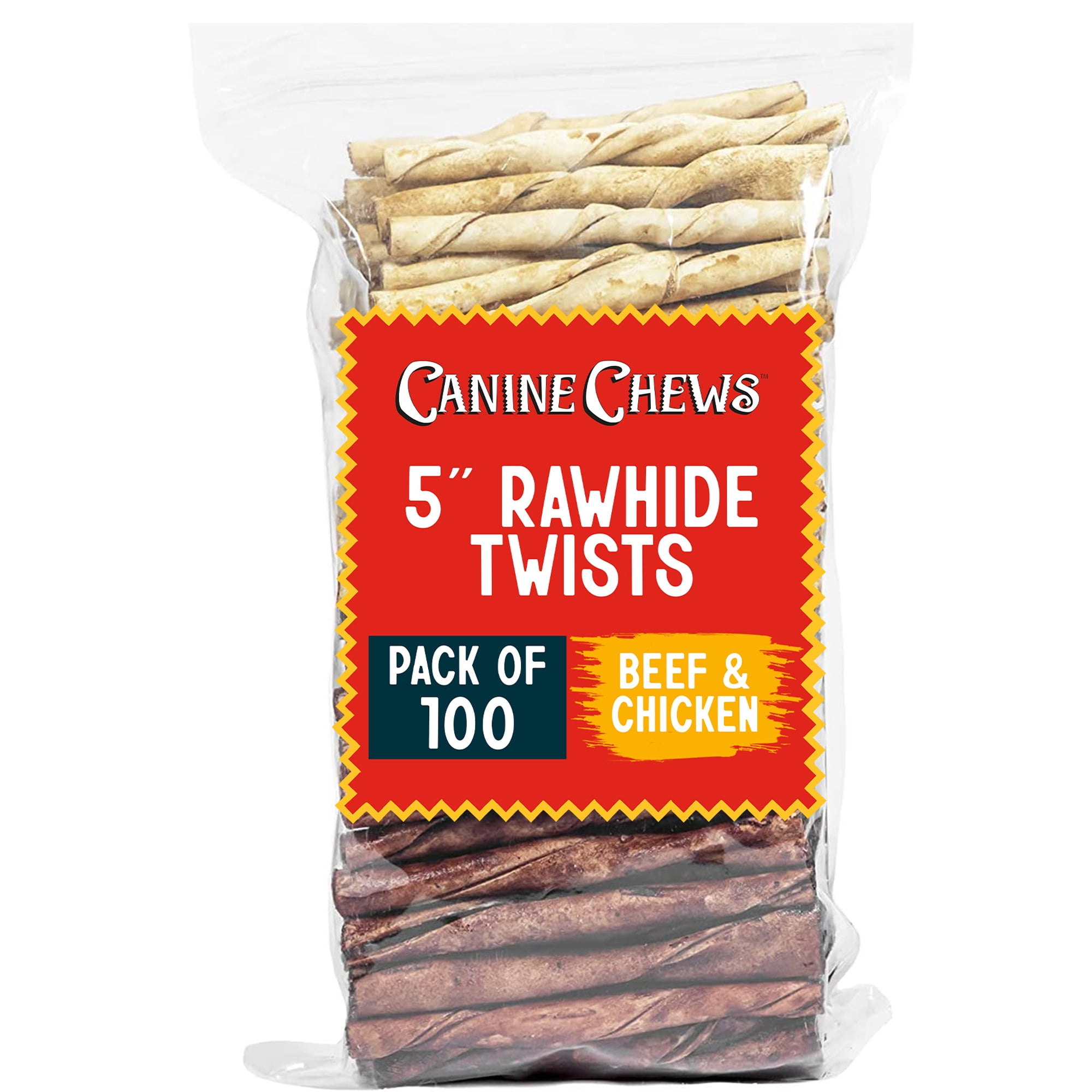 Canine Chews Small Rawhide Twists for Dogs Pack of 50 Beef & 50