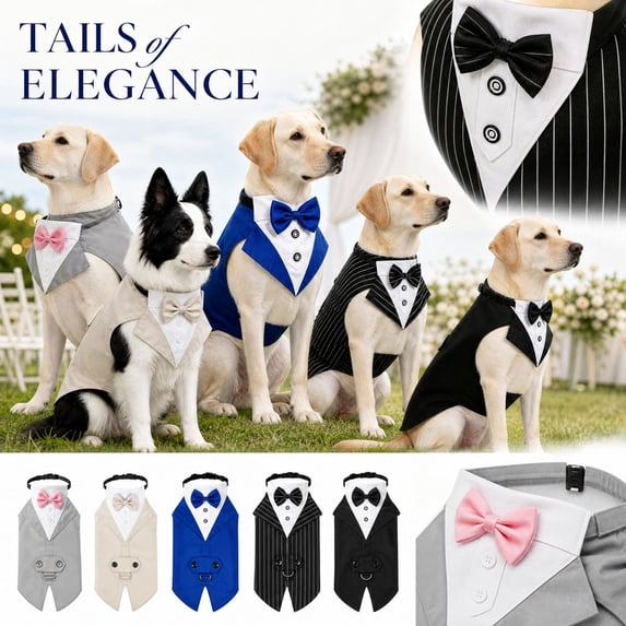 Canine Clothing, Blue Formal Tuxedo Dog Vest with Satin Bow Tie, Wedding Birthday Party Celebration Wear for Labrador and Golden Retriever, Ceremonial Outfit for Graduation