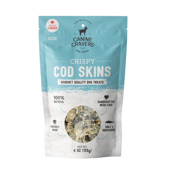 Canine Cravers Single Ingredient Dog Treats – Crispy Cod Skins - Human Grade Air Dried Hypoallergenic Pet Food – Grain, Gluten, and Soy Free – 100% All Natural – 4 oz Bag