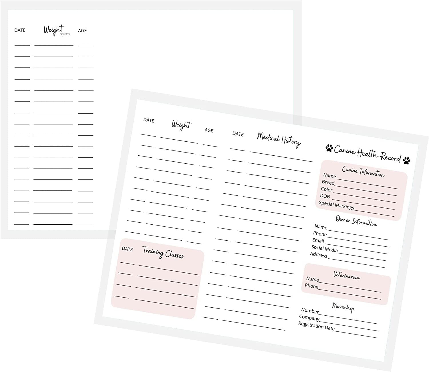 Canine health record form physical printed 8 5x11 inches standard