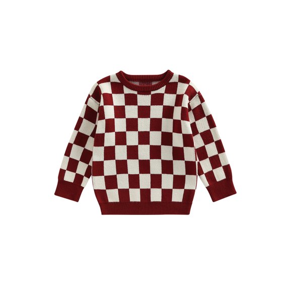 Canis Checkerboard Print Pullover Tops for Kids, Long Sleeve Knit Sweaters
