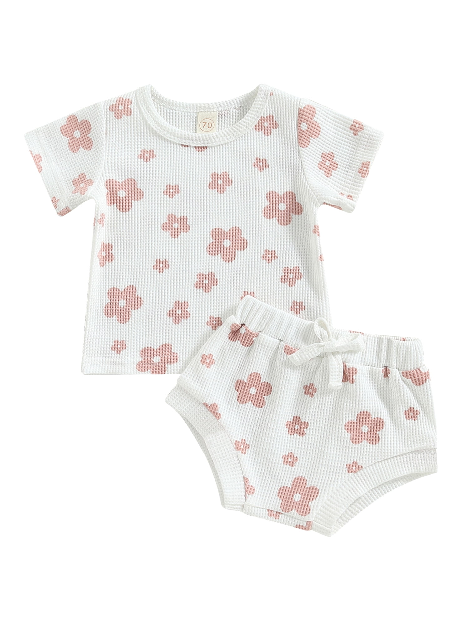 Canis Cute 2Pcs Summer Outfit for Baby Girls Waffle Knit Floral T