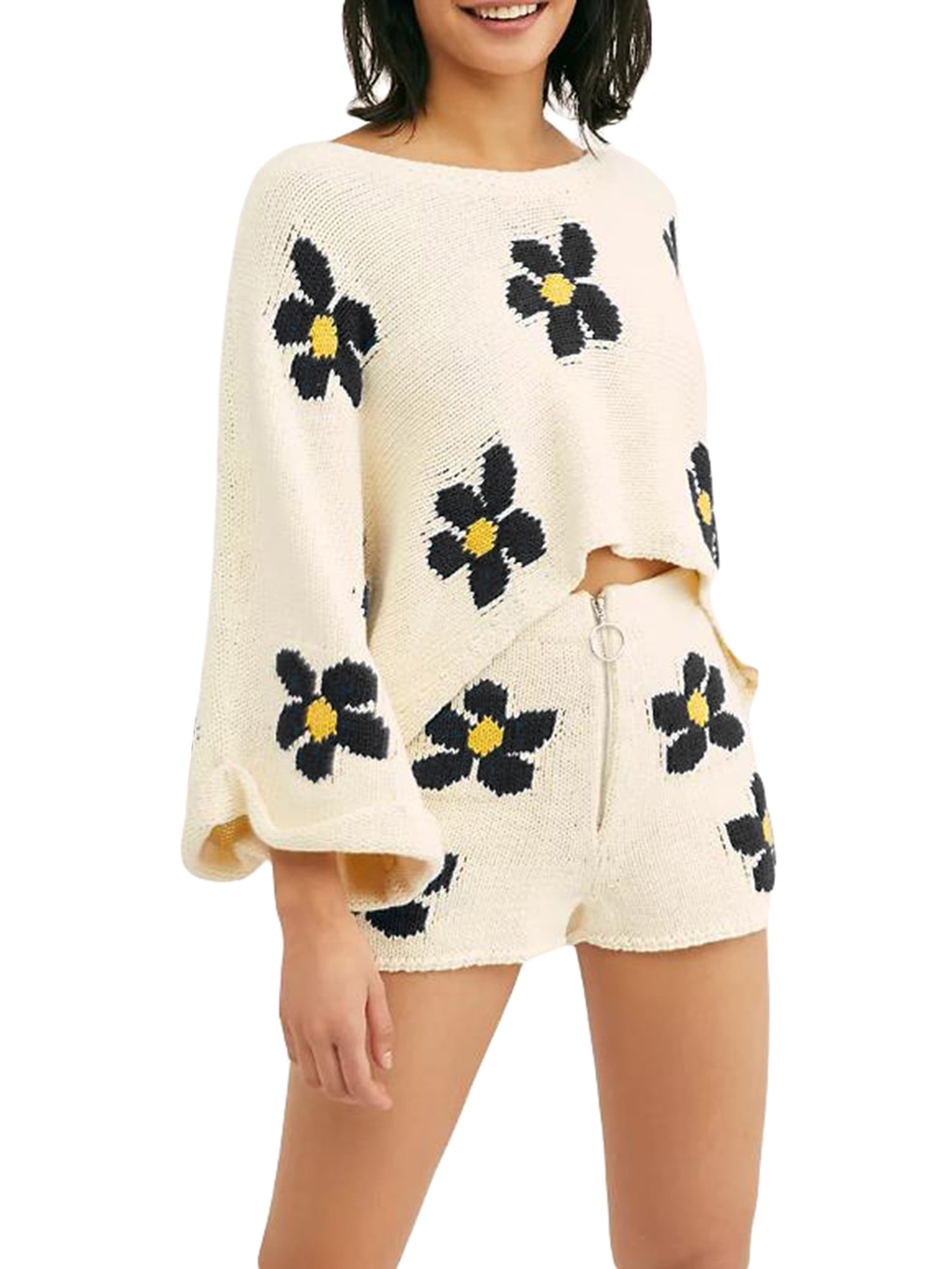 Canis Floral Knit Tops and Shorts Set with Batwing Sleeves for Women