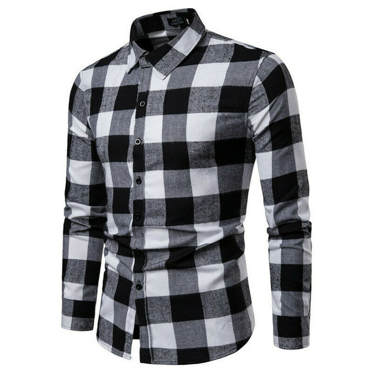 Canis Men's Casual Shirts T-shirt Fashion Long Sleeve Slim Fit Tops Summer  Autumn Casual Button Down Plaid Shirt Classic Cotton Male Check Shirts