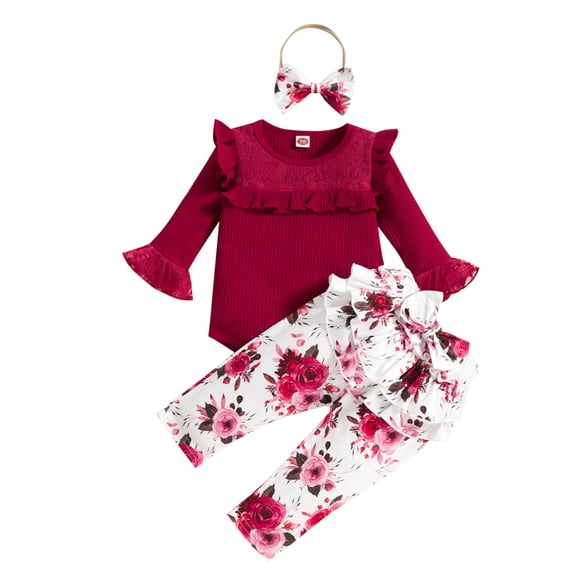 Canis Newborn Baby Girls Cotton Tops Romper Floral Pants 3Pcs Outfits Set Clothes