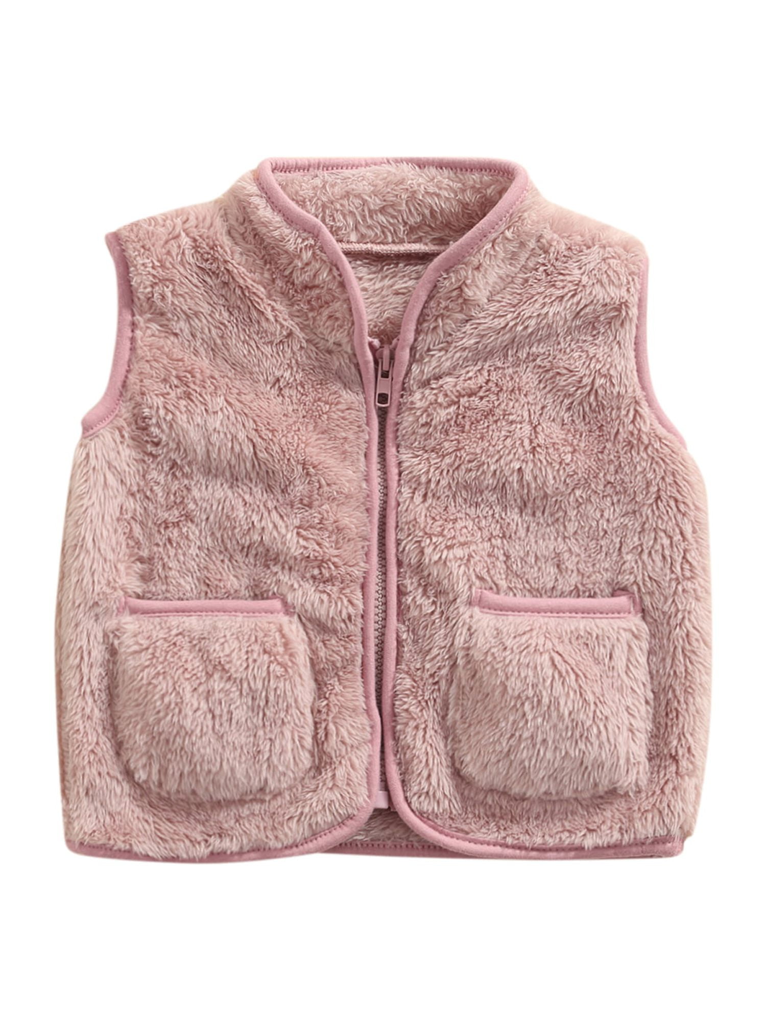 Canis Toddler Baby Girl Sleeveless Fleece Vest Waistcoat Kid Zipper Plush Outerwear Pocket Winter Clothes