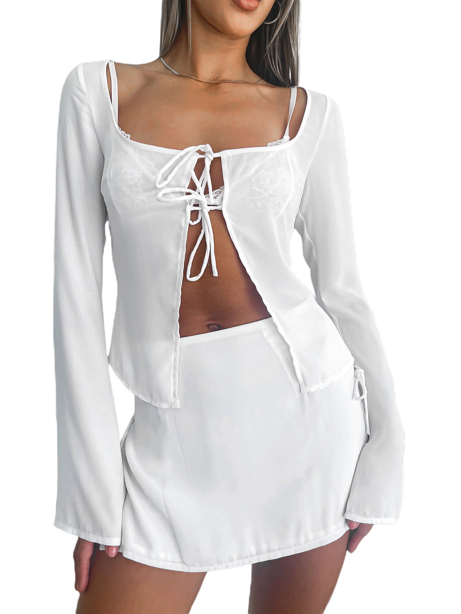 Canis Trendy Women's Two Piece Summer Outfits Tieup Front Tops and