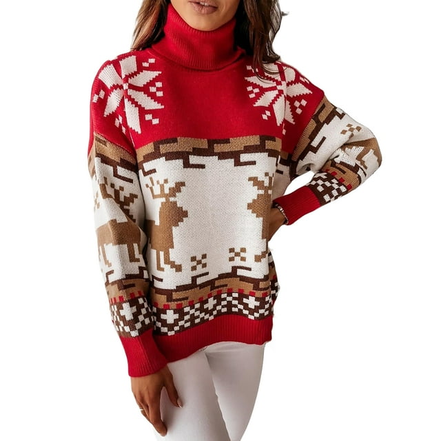 Canis Women's Christmas Round Neck Turtleneck Sweaters, Long Sleeve Elk Snowflake Print Loose Knit Tops