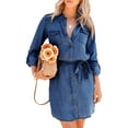 thumbnail image 1 of Canis Women's Denim Shirt Dress Casual Loose Midi Dress Long Sleeve Button Down Lapel Short Jean Tunic Dress with Belt Pockets, 1 of 10