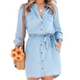 Canis Women's Denim Shirt Dress Casual Loose Midi Dress Long Sleeve