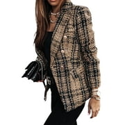 Canis Womens Tartan Blazers Suit Long Sleeve Lapel Collar Jacket Double Breast Houndstooth Suit Tops for Work Office