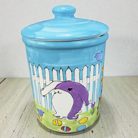 Canister Cookie Jar Container Hand Painted Bunny Rabbit Flower, with Airtight lid, for Cookies, Candy, Flour, Dog Treats, Coffee, Table Decor
