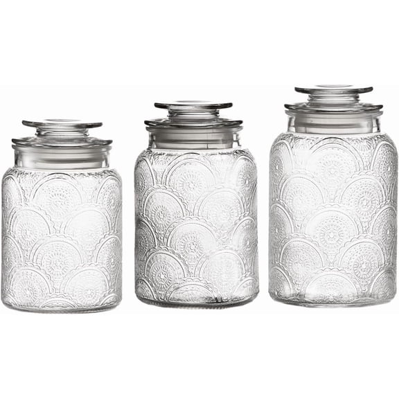 Canister Set 3-Piece Glass Jars in 34oz, 44oz & 54oz Retro Design Lids for Cookies, Candy, Coffee, Flour, Sugar, Rice, Pasta, Cereal & More
