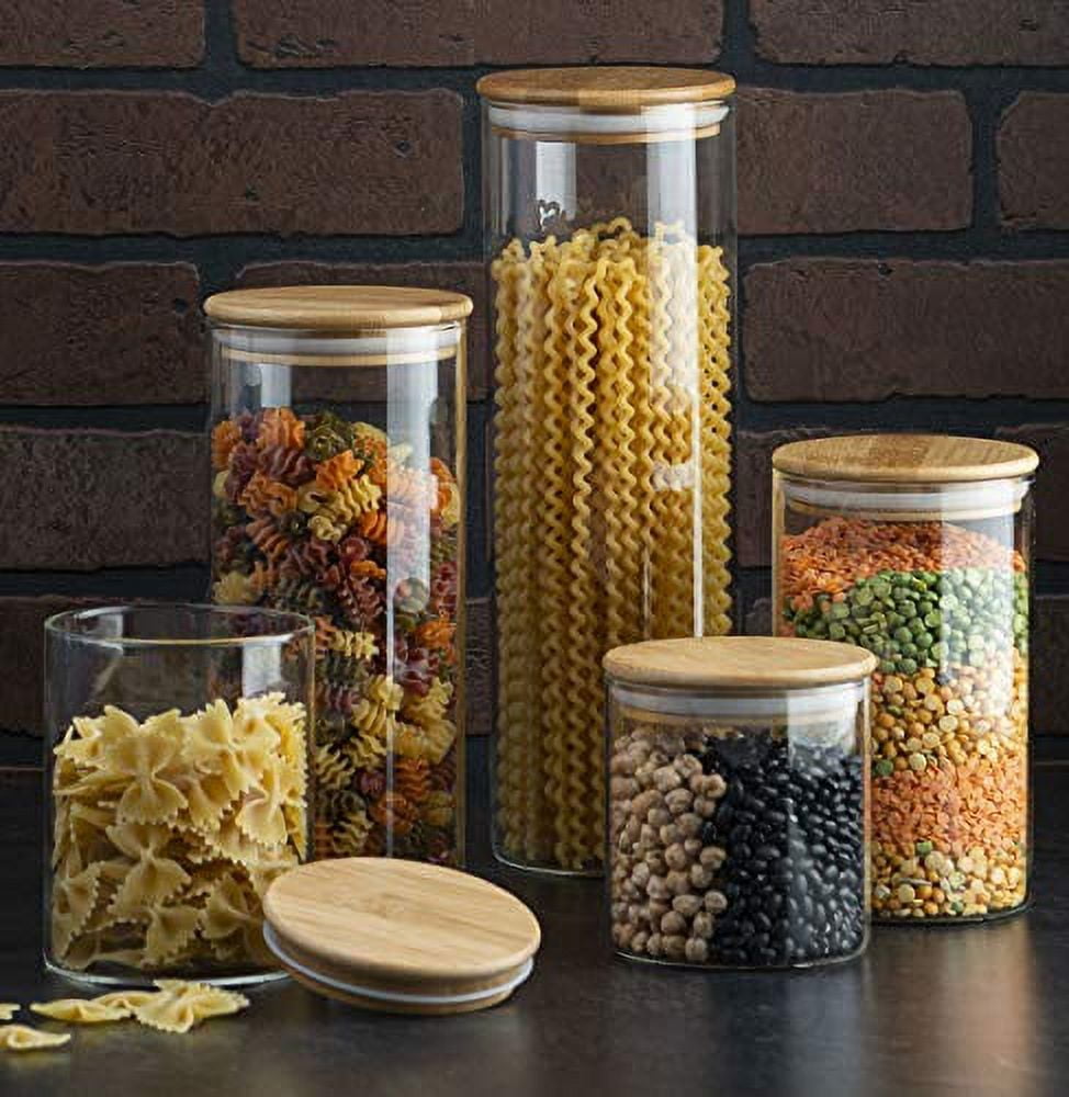  Glass Storage Jars with Airtight Bamboo Lid[Set of 4],Clear  Glass Food Storage Containers,Stackable Kitchen Canisters for Coffee,Candy, Cookie,Sugar,Flour,Pasta,Nuts and Spice Jars : Home & Kitchen
