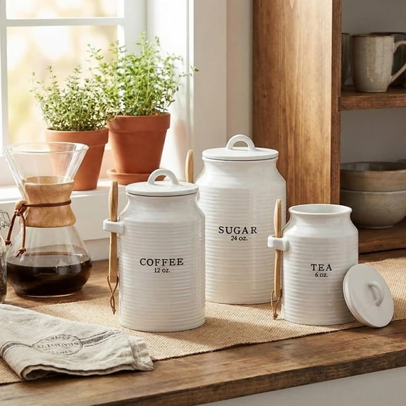 Canister Set for Kitchen Counter, Coffee Tea Sugar Container Ceramic Set, Decorative Canisters, Rustic Farmhouse Canister Jars, White (Coffee/Sugar/Tea)