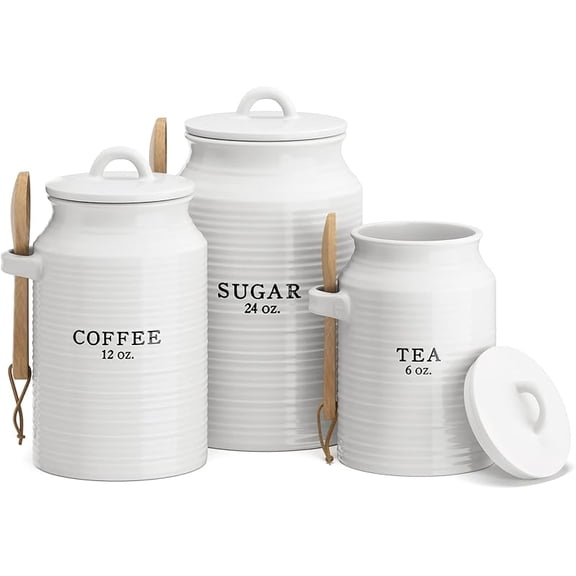 Canister Set for Kitchen Counter, Coffee Tea Sugar Container Ceramic Set, Decorative Canisters, Rustic Farmhouse Canister Jars, White (Coffee/Sugar/Tea)