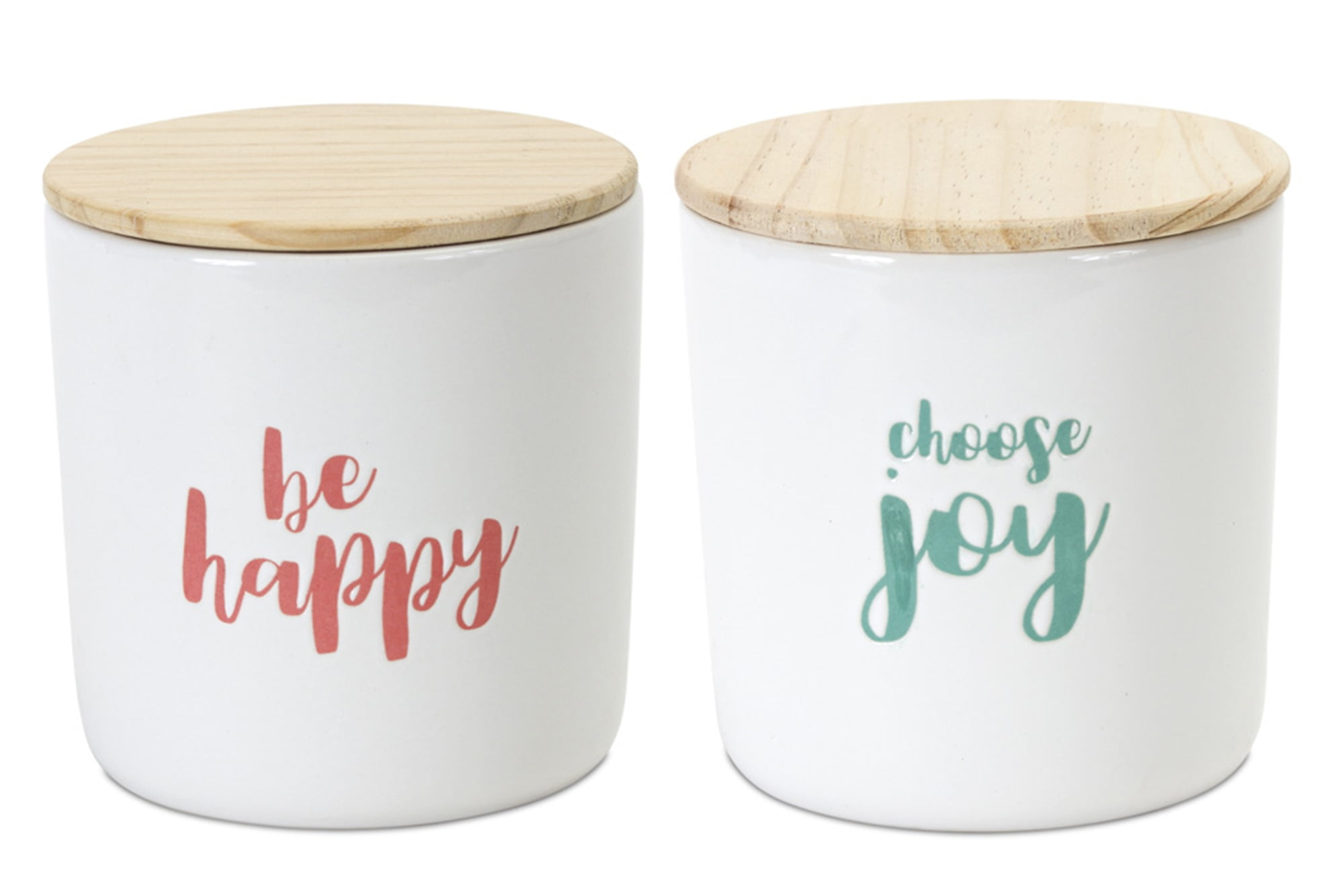 White Ceramic Sentiment Canisters with Wooden Lids, Set of 2