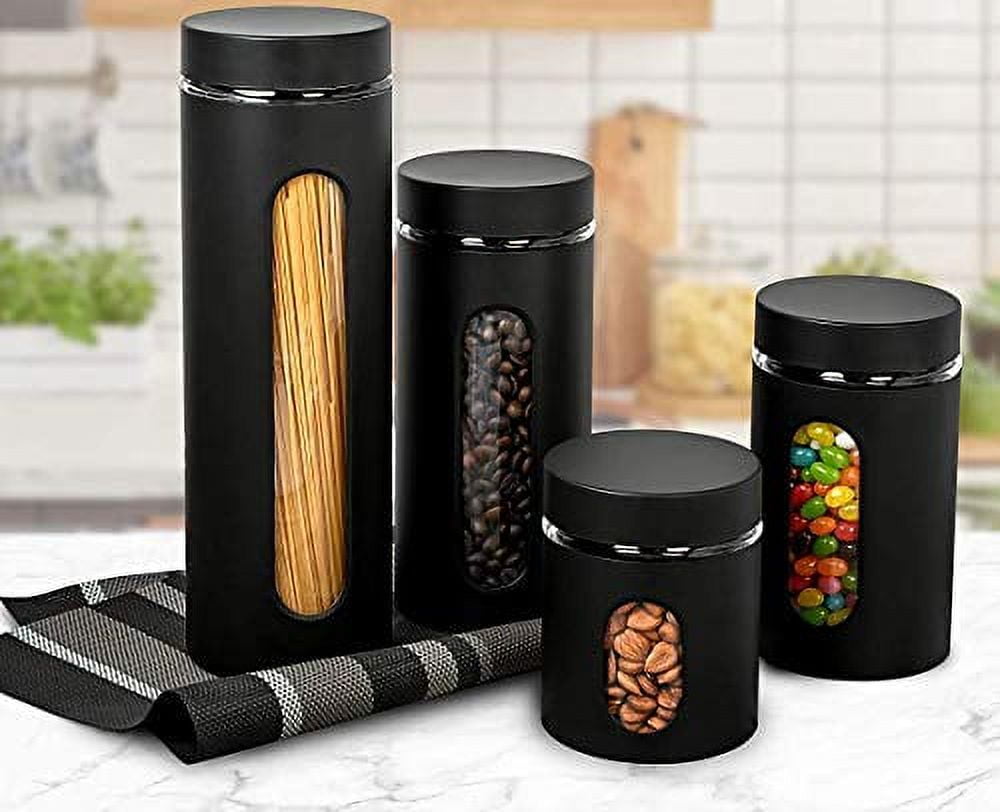 Set of 4 AIRTIGHT STAINLESS STEEL CANISTER SET for Kitchen Counter with  GLASS LIDS + MARKER, LABELS, & SCOOP, Kitchen Canisters Ideal for Coffee