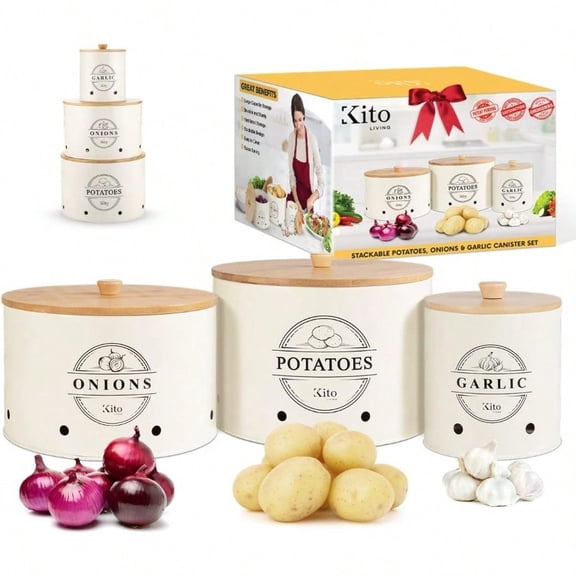 Canister Sets For Kitchen Counter With Wooden Bamboo Lids Kitchen Canisters For Countertop Stackable Steel Farmhouse Canisters For Potato Storage Onion And Potato Storage Bins Cream