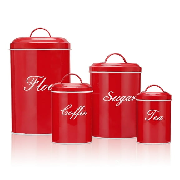 Canister Sets for Kitchen Counter, Flour and Coffee Containers, Vintage Farmhouse Design Food Storage Container with A Removable Lid, 4 Pack (Red)