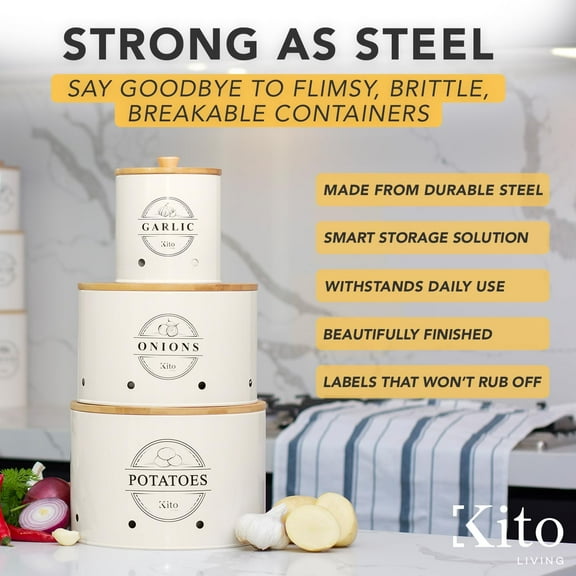 Canister Sets for Kitchen Counter with Wooden  Lids, Stackable Steel Farmhouse Canisters for Potato and Onion Storage -