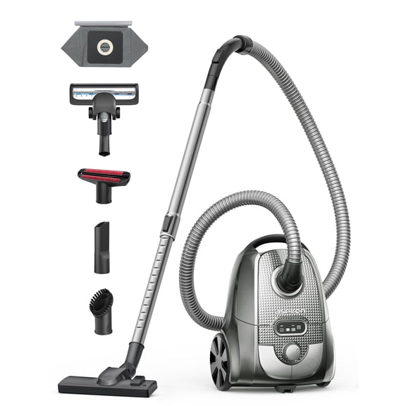 Canister Vacuum, 1600W/40KPA Canister Bagged Vacuum, 4QT Dust Bag, H13 HEPA Filter, 5 Tools, Pet-Friendly,Variable Power Control,for Carpets, Hardwood Floors, Stairs, Pet Hair
