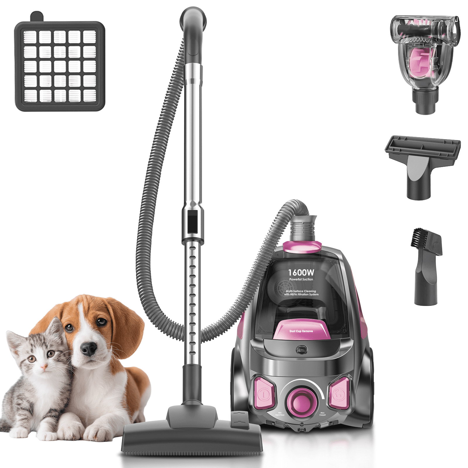 Canister Vacuum Cleaner, 32Kpa 1600W Bagless Vacuum Cleaner, Dust Full Indicator, H13 HEPA Filter, 3.7Qt Large Capacity, Lightweight Vac for Hard Floors, Carpet, Pet, Upholstery, Pink