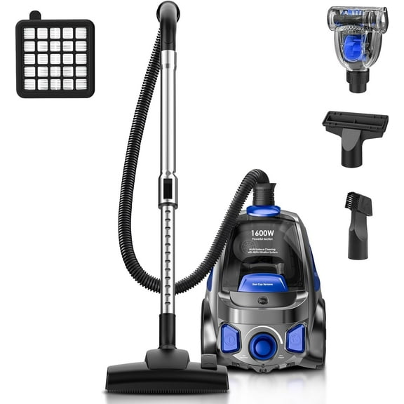 Canister Vacuum Cleaner, 32Kpa 1600W Bagless Vacuum Cleaner, Dust Full Indicator, H13 HEPA Filter, 3.7Qt Large Capacity, Lightweight Vac for Hard Floors, Carpet, Pet, Upholstery, Blue