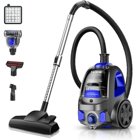 Canister Vacuum Cleaner, 32Kpa 1600W Cyclon Power Bagless Canister Vacuum Cleaners for Home, 3.7QT Large Dust Cup, Lightweight Vac for Hard Floors, Carpets, Pet Hair