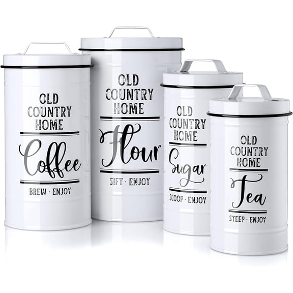 Canisters Sets for the Kitchen, Airtight Kitchen Canisters for Countertop, Flour and Sugar Containers, Tea Coffee Sugar Canister Set, Coffee Bar Decor and Accessories, Set of 4, White