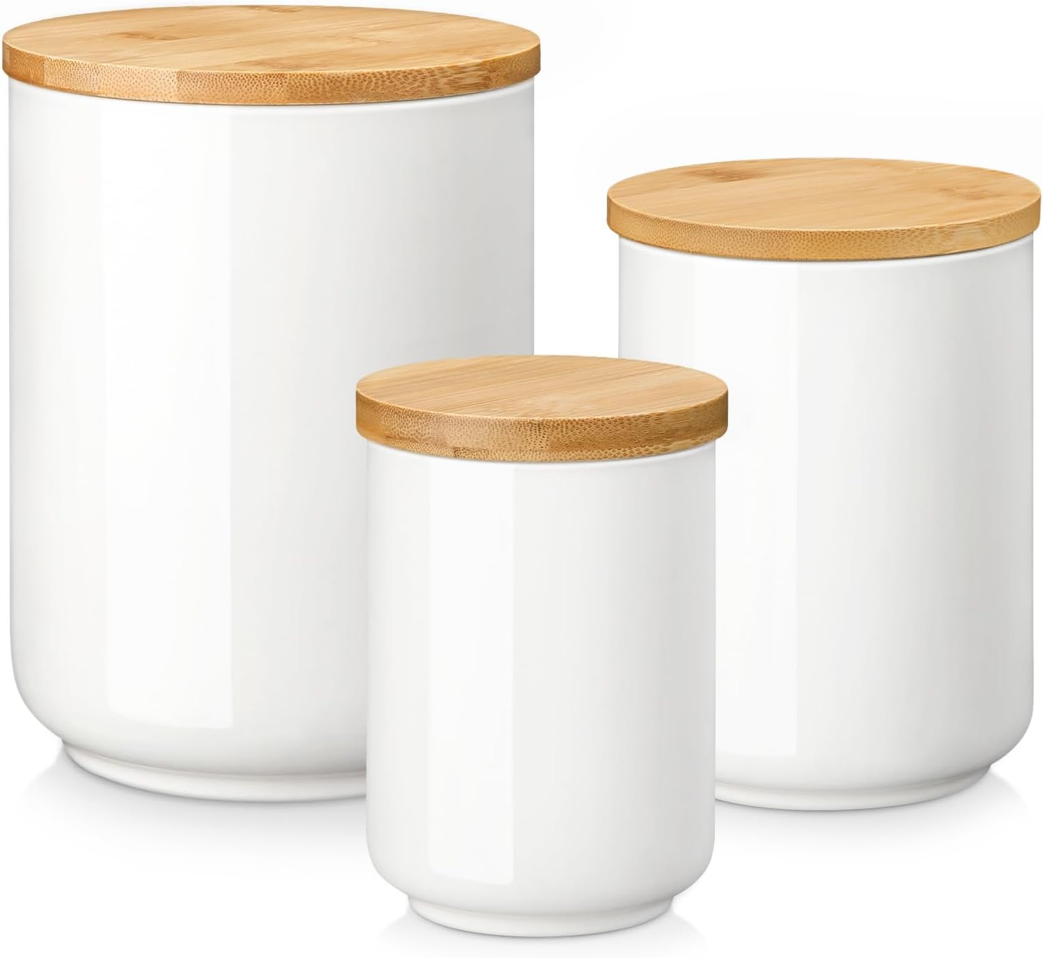 Canisters Sets for the Kitchen, Ceramic Kitchen Canisters for Countertop, Coffee Jar with Airtight Bamboo Lid, Flour and Sugar Containers Set of 3, White Food Storage Jars for Tea, Cereal Nut