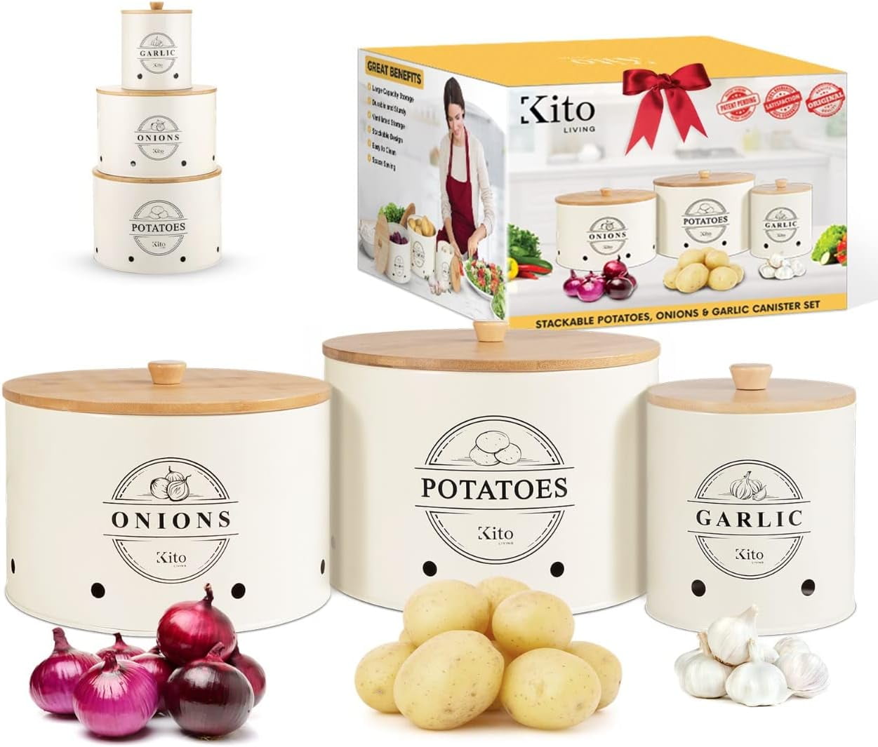 Cream Stackable Steel Canister Set with Bamboo Lids