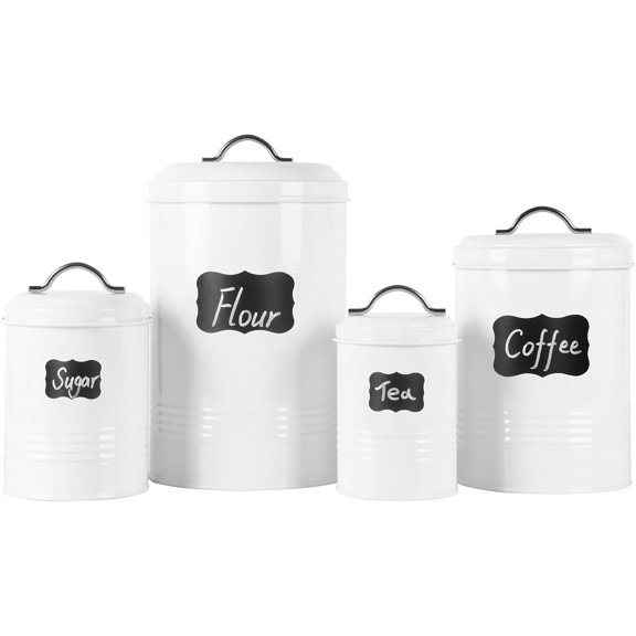 Nesting Canisters Sets for the Kitchen, Set of 4 Airtight White Farmhouse Canister Jars with Removable Chalkboard Labels and Marker, for Flour Sugar Coffee Tea Storage