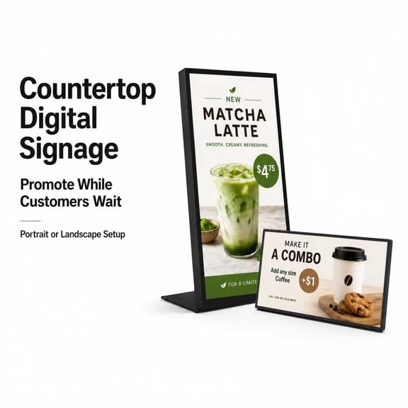 Canlarriz 18.5" Countertop Digital Signage Display, 700 Nits 1080P Commercial Desktop Advertising Display with Landscape & Portrait Stands, CMS and USB Playback for Restaurants, Cafes& Reception Desk