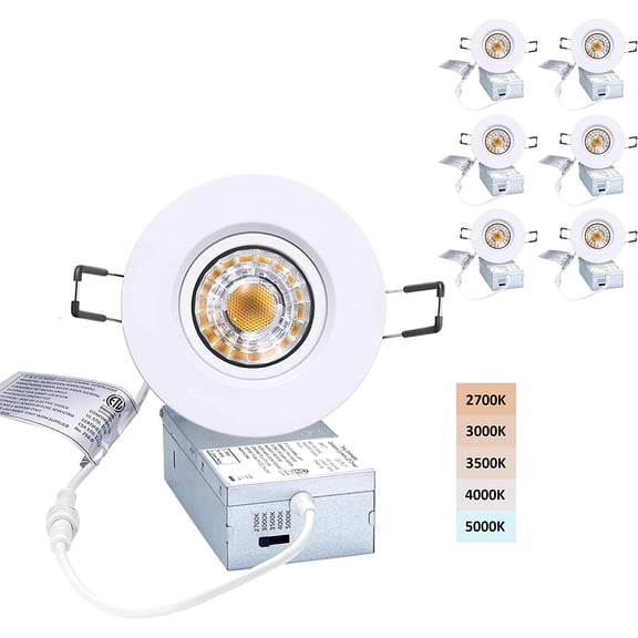 Canless Recessed Gimbal Downlight Rotatable-Spotlight 5 CCT 3 Inch Eyeball Ceilling Potlight Dimmable Lights Fixture with Junction Box 8W Adjustable White Round Trim 6 Pack