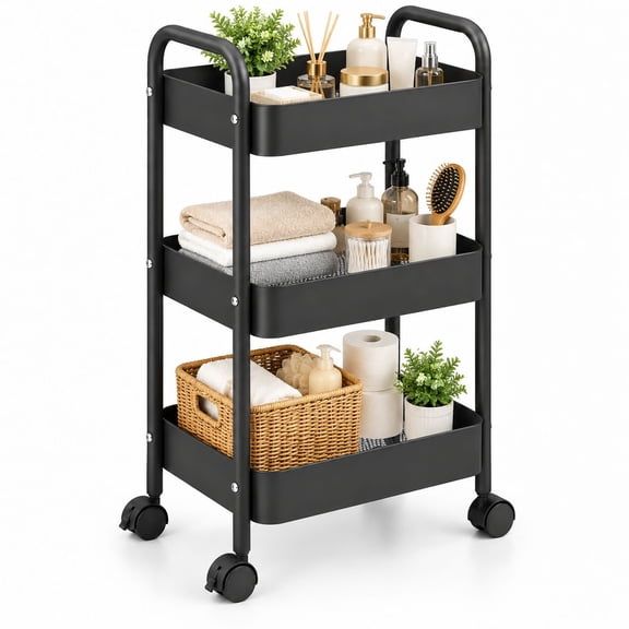 Canming 3-Tier Rolling Cart, Carbon Steel Utility Cart with Wheels for Kitchen, Black