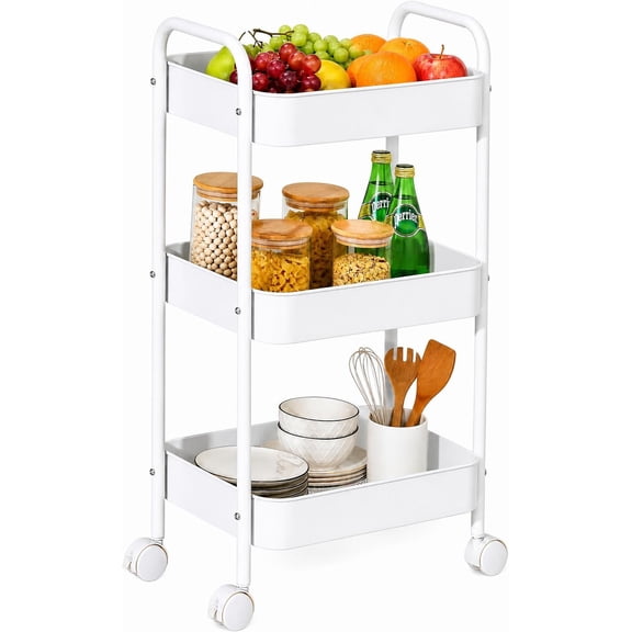 Canming 3-Tier Rolling Cart with Hooks, Mobile Storage Carts for Kitchen, Bathroom, Office, White
