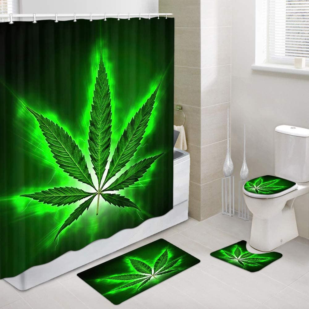 Bathroom Decor Style Green Marijuana Leaf Weed Shower Curtain Set with