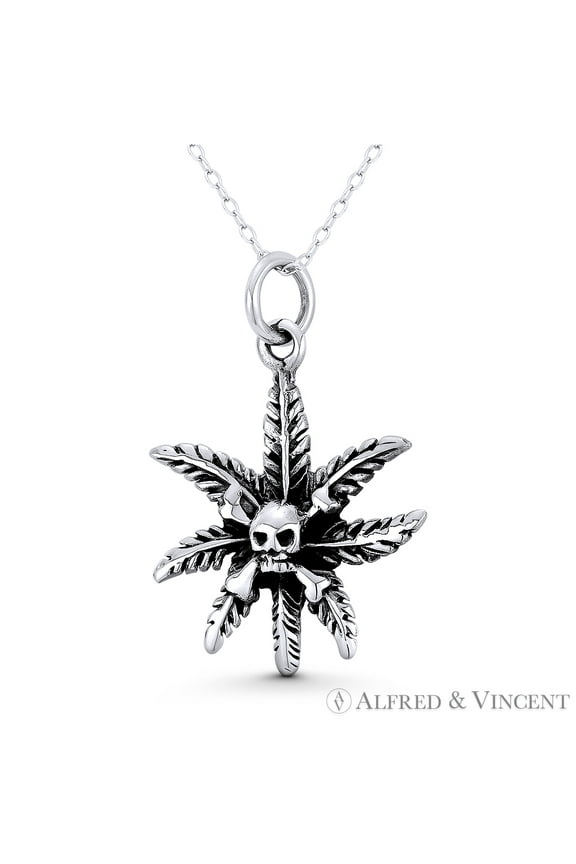 Cannabis / Marijuana Leaf w/ Skull & Crossbone Charm 34x24mm (1.3x0.9in) Pendant & Chain Necklace in Oxidized .925 Sterling Silver