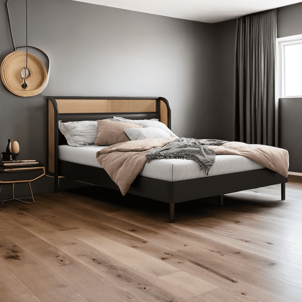Cannage Rattan Bed Frame Queen Size, Modern Black Wood Platform with ...