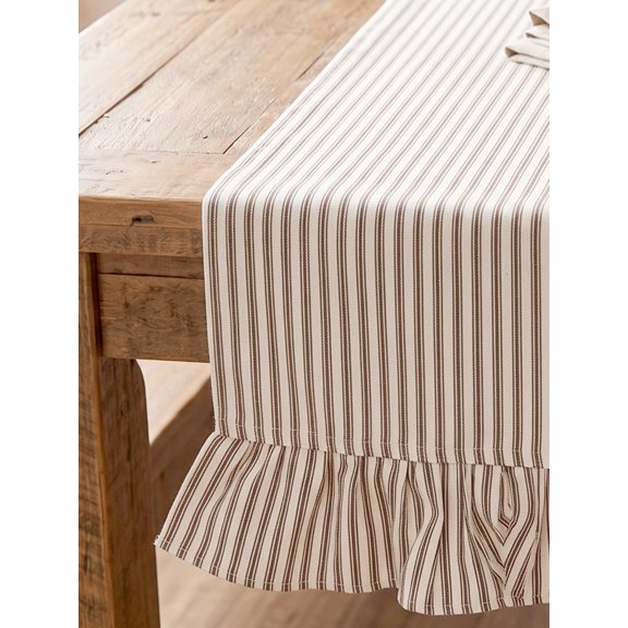 Cannanore Handlooms Pure Cotton Frilled Brown Ticking Stripe Table Runner 16 x 72 Inches Dining Table Runner for Kitchen Dining Room Coffee Table and Home Decor