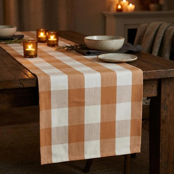 Cannanore Handlooms Terracotta and Ivory Check Table Runner 14 x 72 Inch Yarn Dyed Pure Cotton Dining Table Runner for Kitchen Dining Coffee Table Farmhouse Style Decor