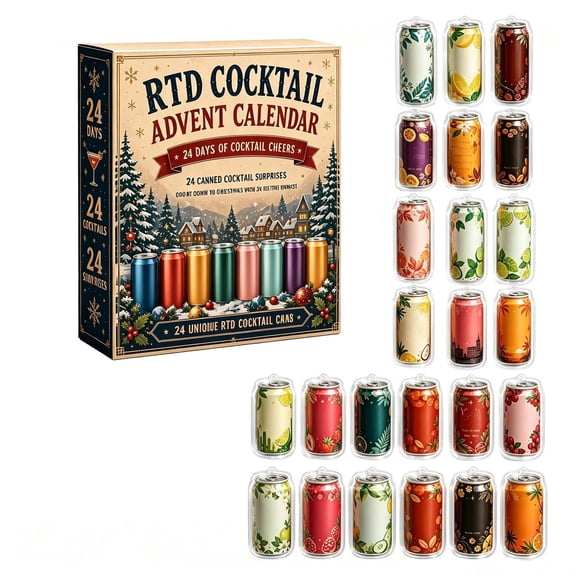 Canned Cocktail Advent Calendar 2026, 24 Day Christmas Countdown with 2D Printed Beverage Can Hanging Ornaments, Novelty Bar Cart Inspired Holiday Gift for Cocktail Lovers