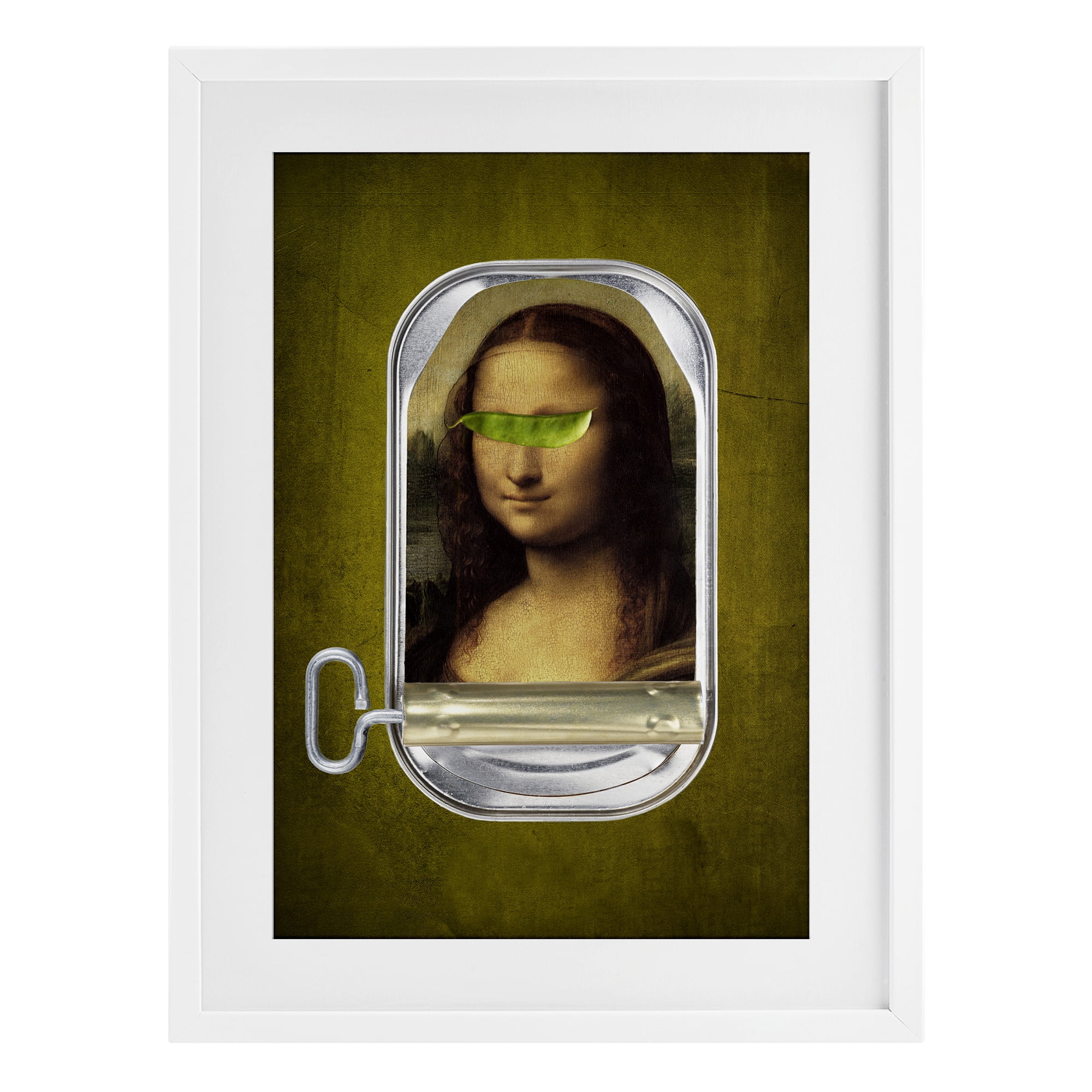 Canned Mona Lisa White Framed Print Under Glass, design by Elo Marc