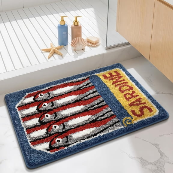 Canned Sardines Bath Mat, Full Can Design with Stacked Little Fish Non-Slip Rug Soft Absorbent Plush, Machine Washable Retro Ocean Decor for Bathroom Bedroom Entrance 20x31 Inch