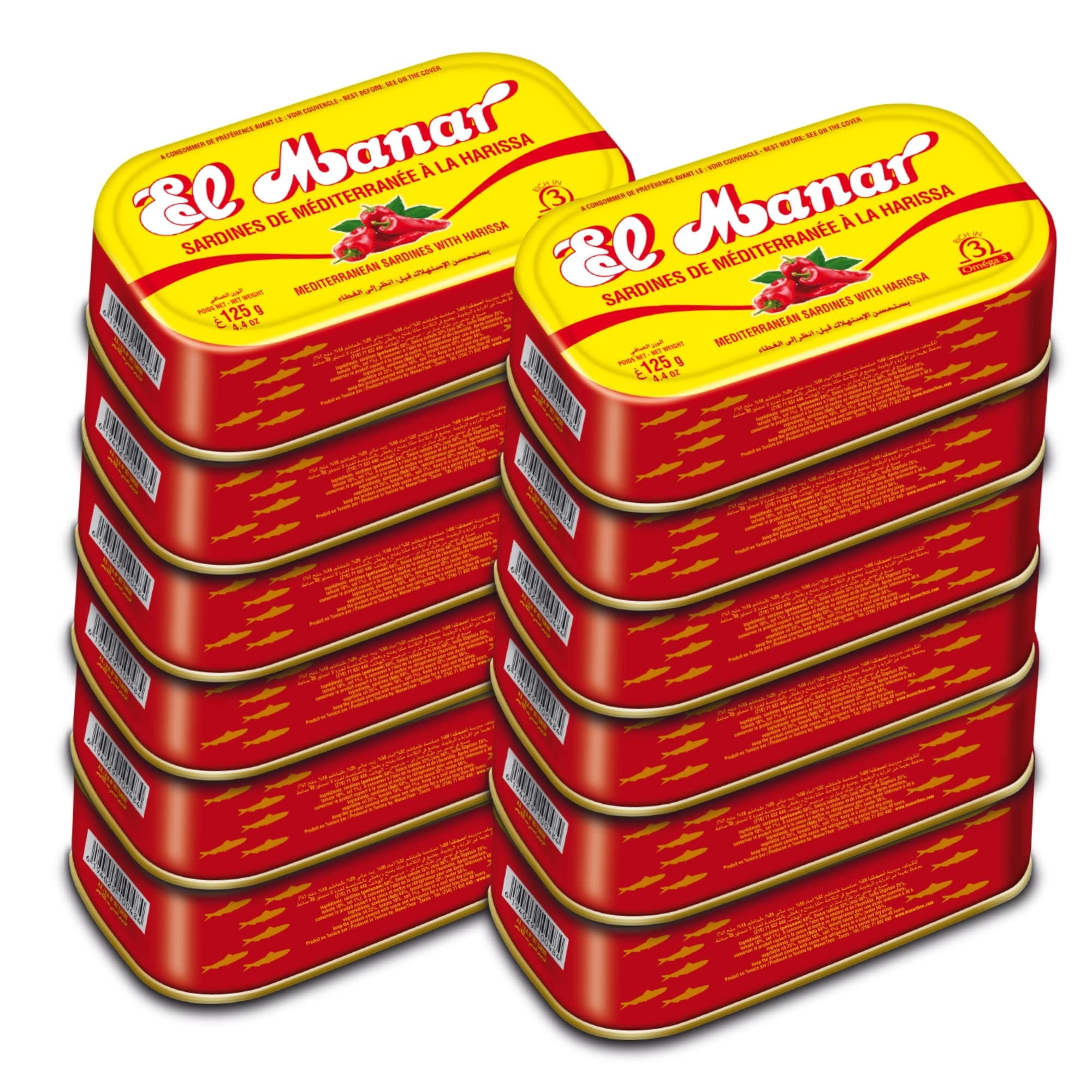 Canned Sardines in Harissa Oil - Canned Mediterranean Sardines without Heads from El Manar - 12-Pack of 125g Tins