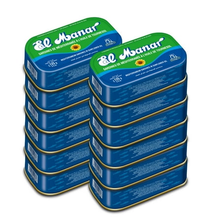 Canned Sardines in Sunflower Seed Oil - Mediterranean Sardines in Vegetable Oil, without Heads from El Manar - 12-Pack of 125g Tins