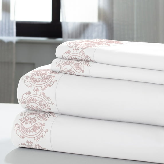 Cannes 4 Piece Full Size Paisley Hem Cotton Sheet Set The Urban Port, White and Pink