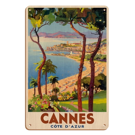 Cannes - Côte d'Azur France - French Riviera - Vintage Travel Poster by Lucien Peri c.1938 - 8 x 12 inch Vintage Wood Art Sign